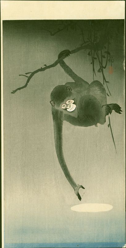 Ohara Koson Japanese Woodblock Print - Monkey Reaching for the Moon