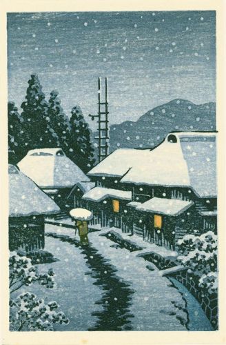 Kawase Hasui Japanese Woodblock Print - Evening Snow at Terajima SOLD