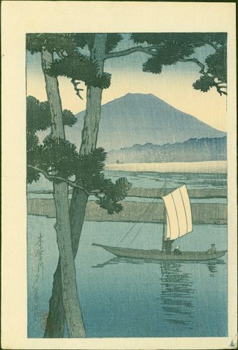 Kawase Hasui Japanese Woodblock Print  Mt. Fuji & Sailboat  Kiso River
