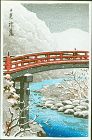 Kawase Hasui Woodblock Print - Sacred Bridge at Nikko in Snow SOLD