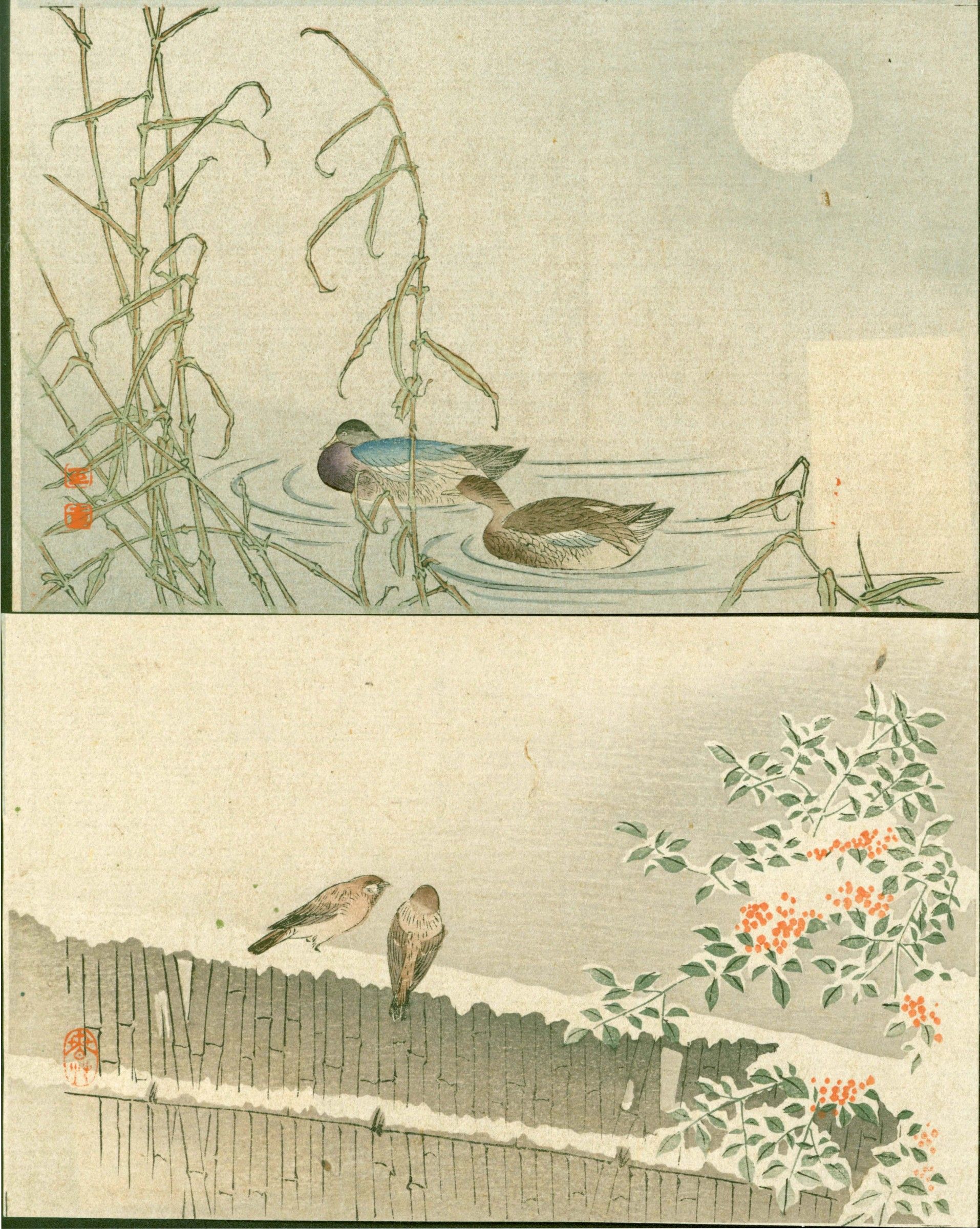 Japanese Woodblock Print Pair- Ducks &amp; Sparrows - 1910 Matsumoto