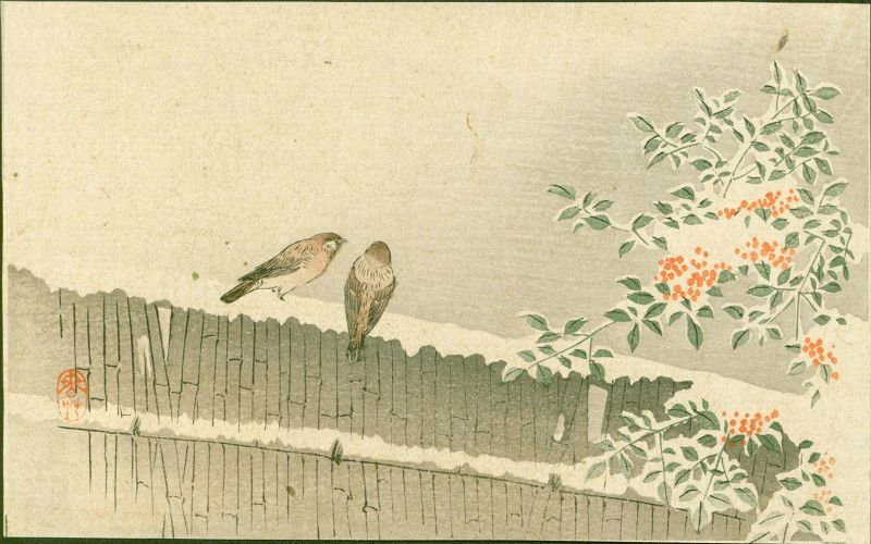 Japanese Woodblock Print Pair- Ducks &amp; Sparrows - 1910 Matsumoto