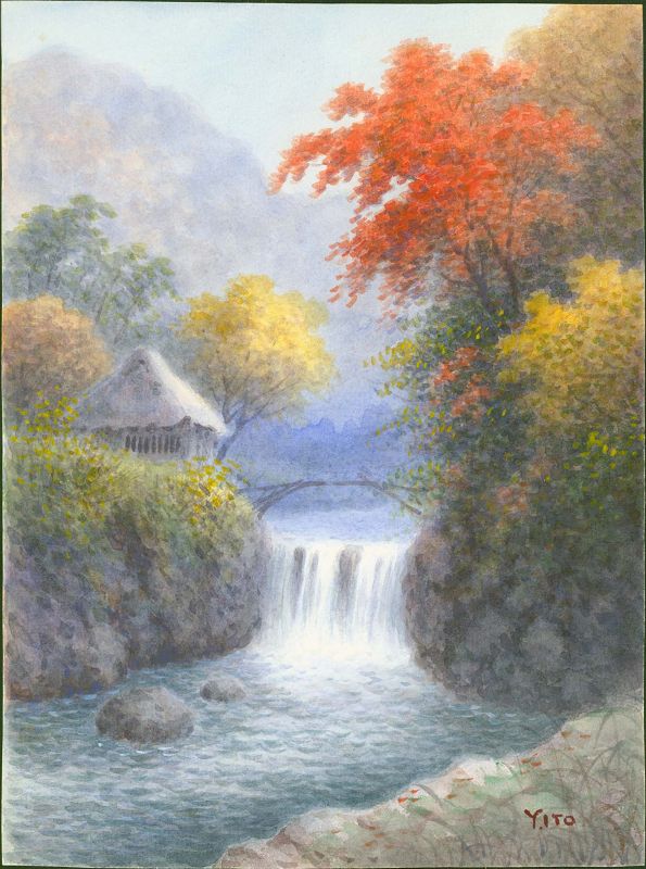 Ito Yuhan Watercolor Painting - Bridge and Waterfall Autumn 1930s SOLD