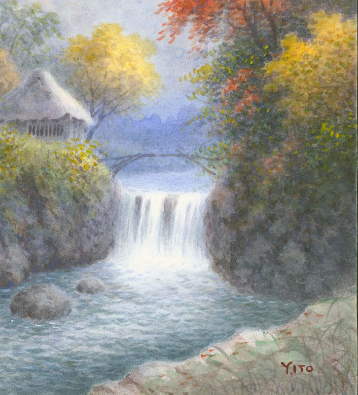 Ito Yuhan Watercolor Painting - Bridge and Waterfall Autumn 1930s SOLD