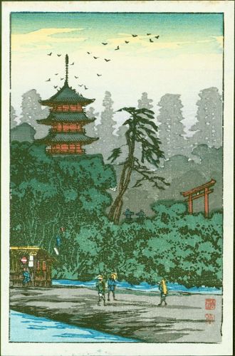Takahashi Shotei Japanese Woodblock Print - Shrine by the River