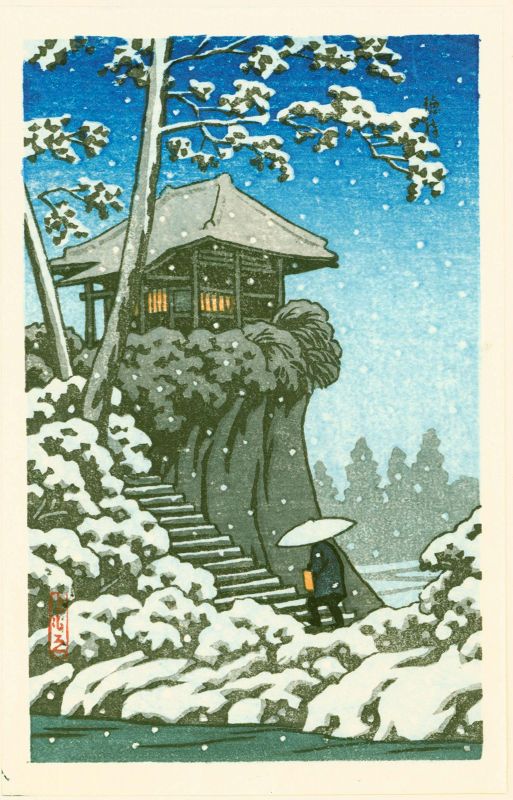 Tomoe Woodblock Print - Tokumochi - House on Cliff in Snow SOLD