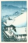 After Hasui Japanese Woodblock Print - Bird's Eye View of Temple SOLD