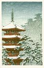 Japanese Woodblock Print - Mountain Temple and Snow