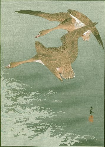 Ohara Koson Japanese Woodblock Print - Wild Geese Over The Sea 1910