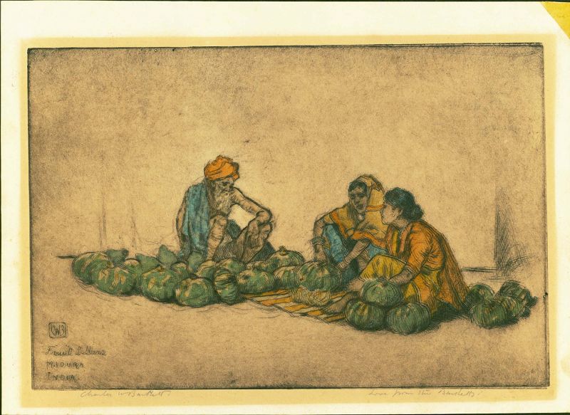 Charles W. Bartlett Etching - Fruit Sellers, Madura, India 1923