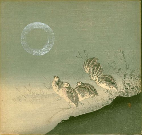 Tsukioka Kogyo Woodblock Print - Quails Full Moon - 1900 1st ed. SOLD