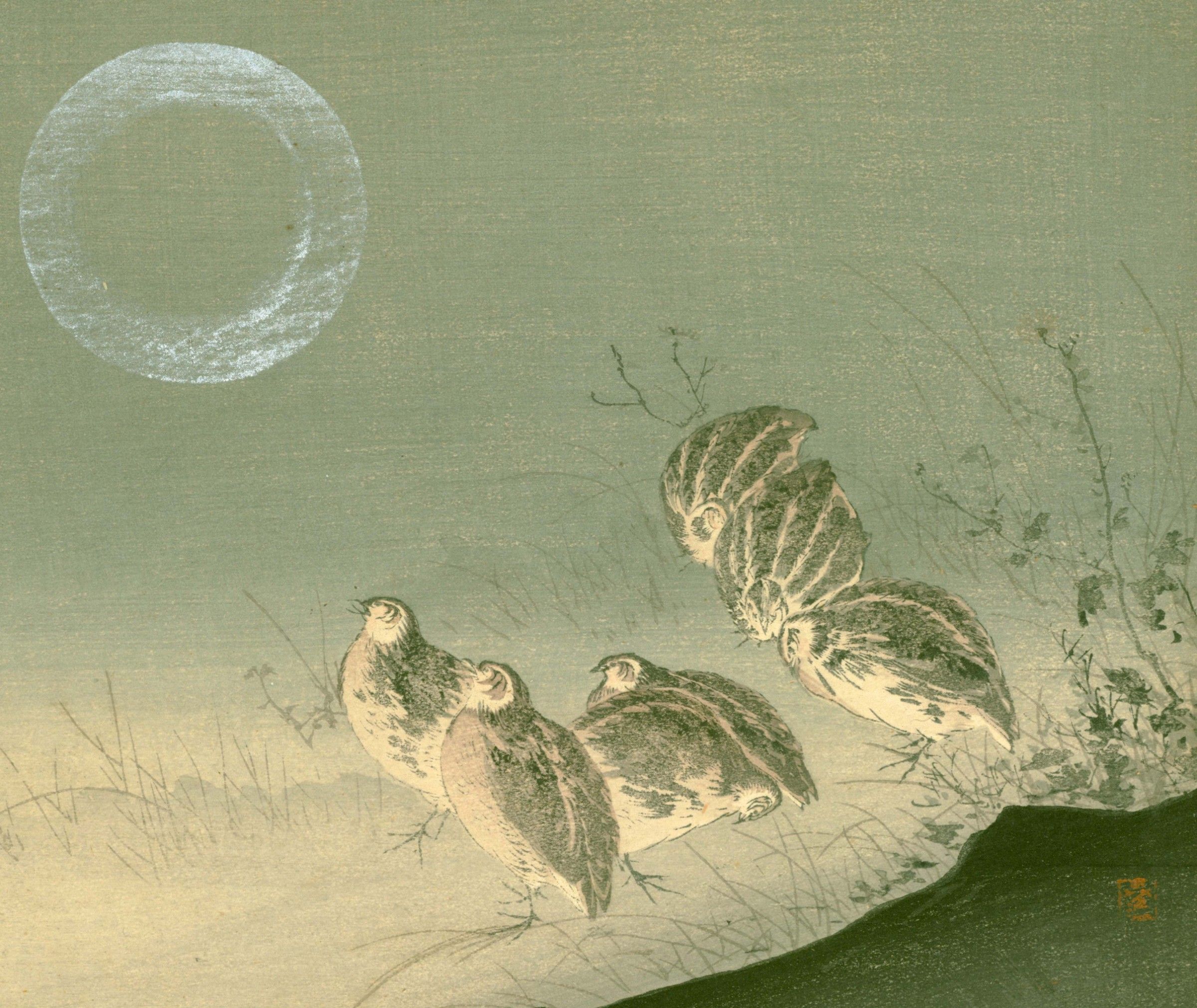 Tsukioka Kogyo Woodblock Print - Quails Full Moon - 1900 1st ed. SOLD