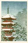 Japanese Woodblock Print - Mountain Temple and Snow