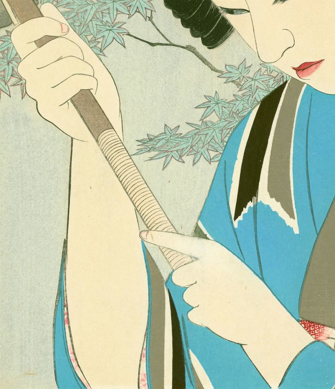 Jinbo Tomoyo Japanese Woodblock Print - Pensive Girl 1939 - Rare
