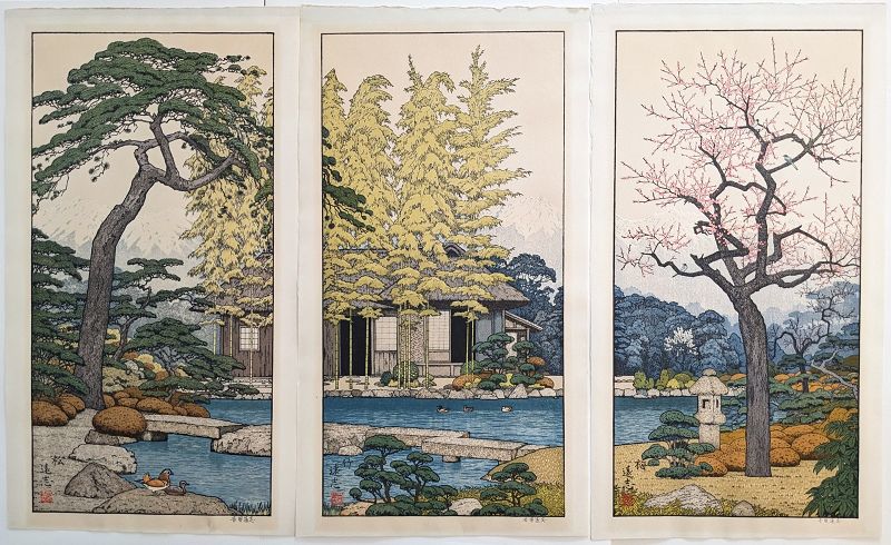 Toshi Yoshida Woodblock Prints - Friendly Garden Triptych SOLD
