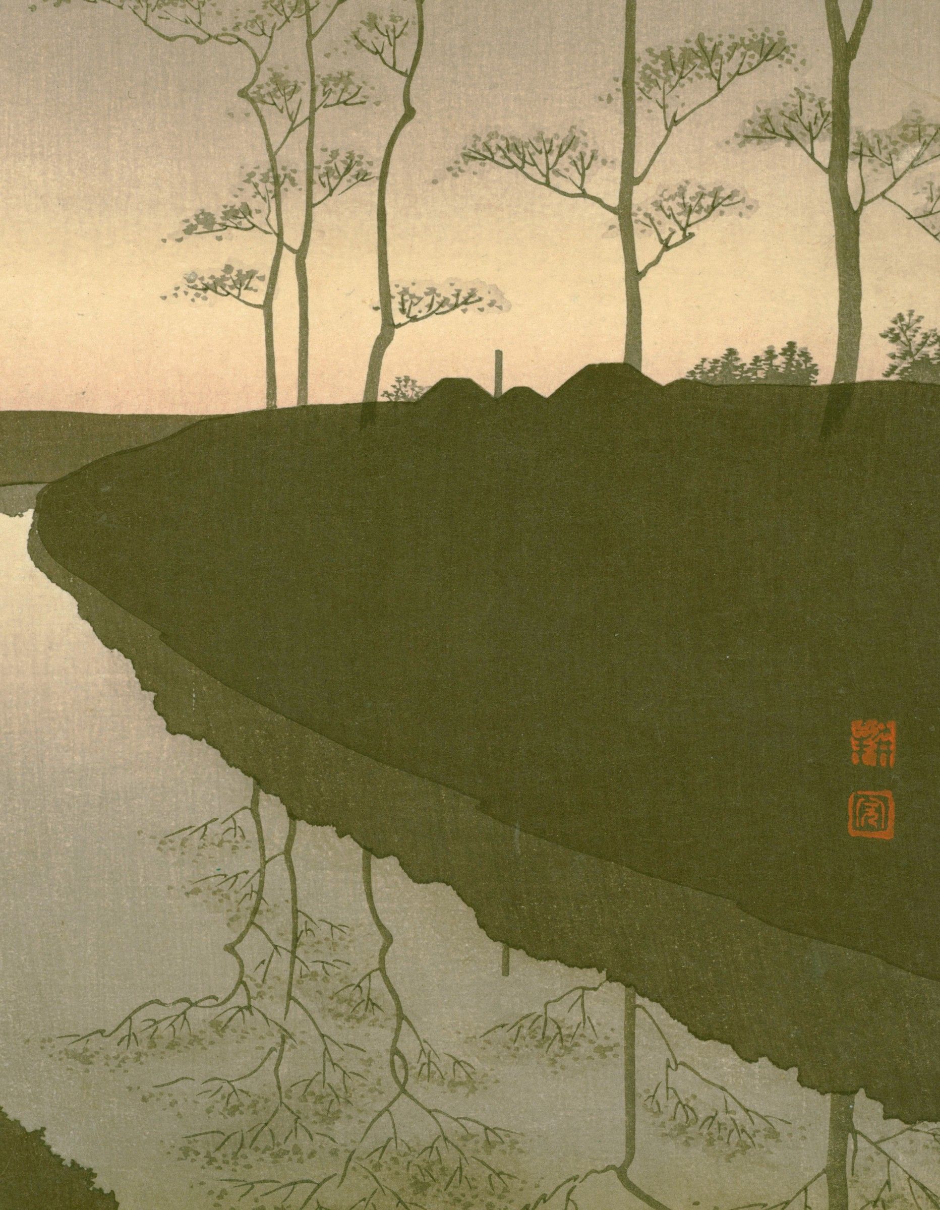 Shoda Koho Woodblock Print - Country Scene (Canal) Sepia - Hasegawa