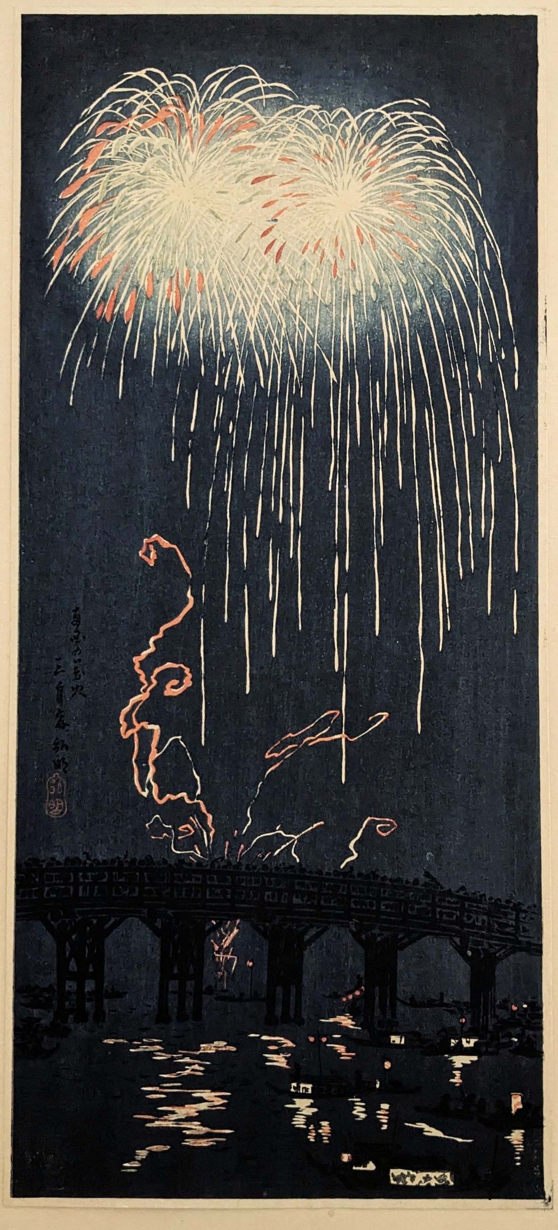 Takahashi Shotei Japanese Woodblock Print - Fireworks at Ryogoku