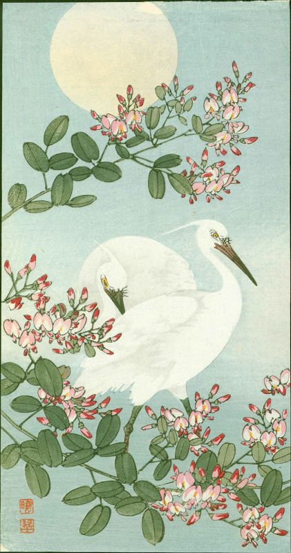 Gyosui Japanese Woodblock Print- Two Egrets, Flowers, & Moon RARE