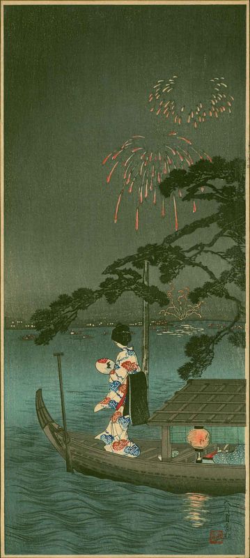 Takahashi Shotei Japanese Woodblock Print - Fireworks, Shubinomatsu