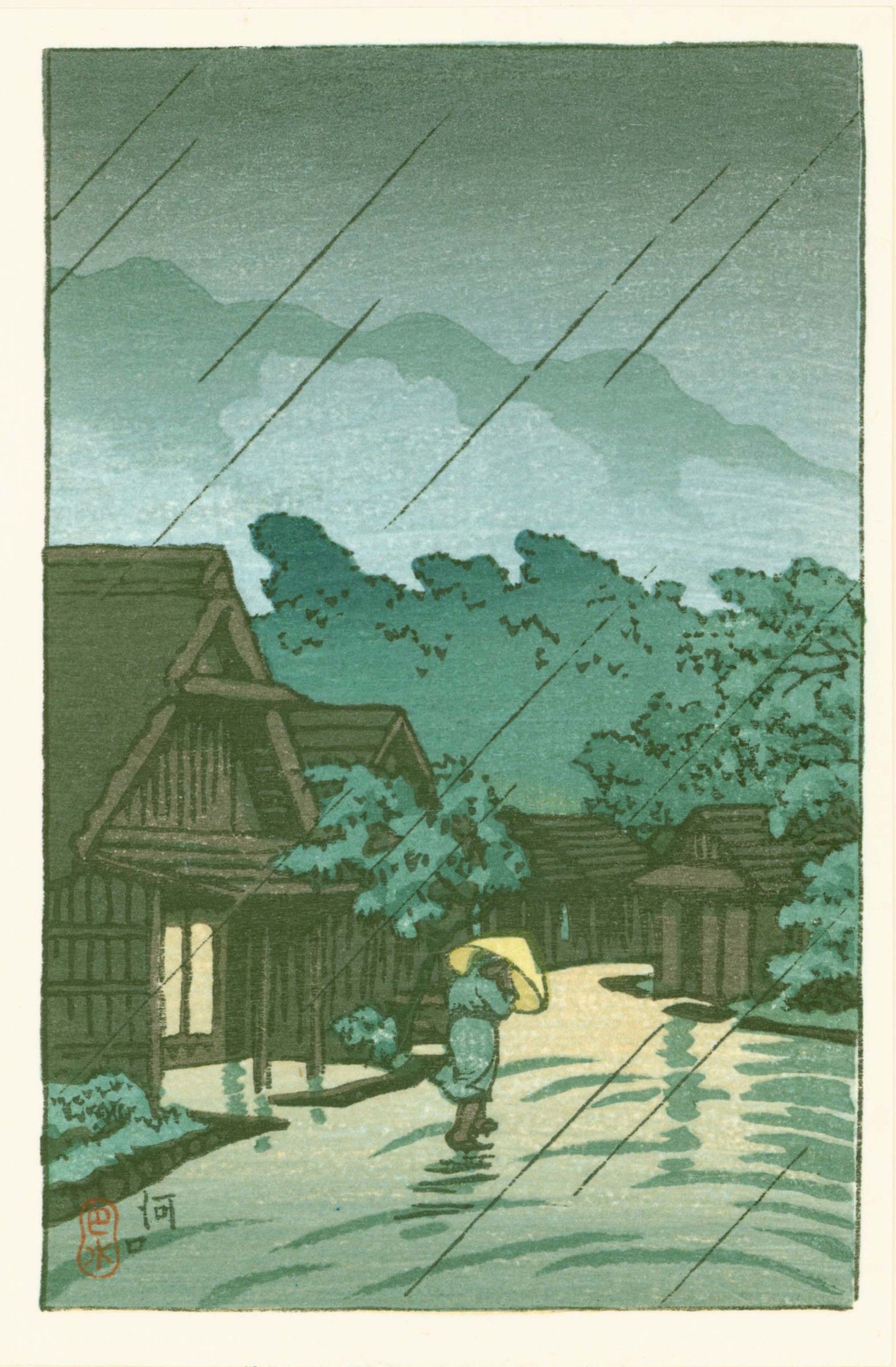 Kawase Hasui Japanese Woodblock Print - Kawaguchi in Rain SOLD