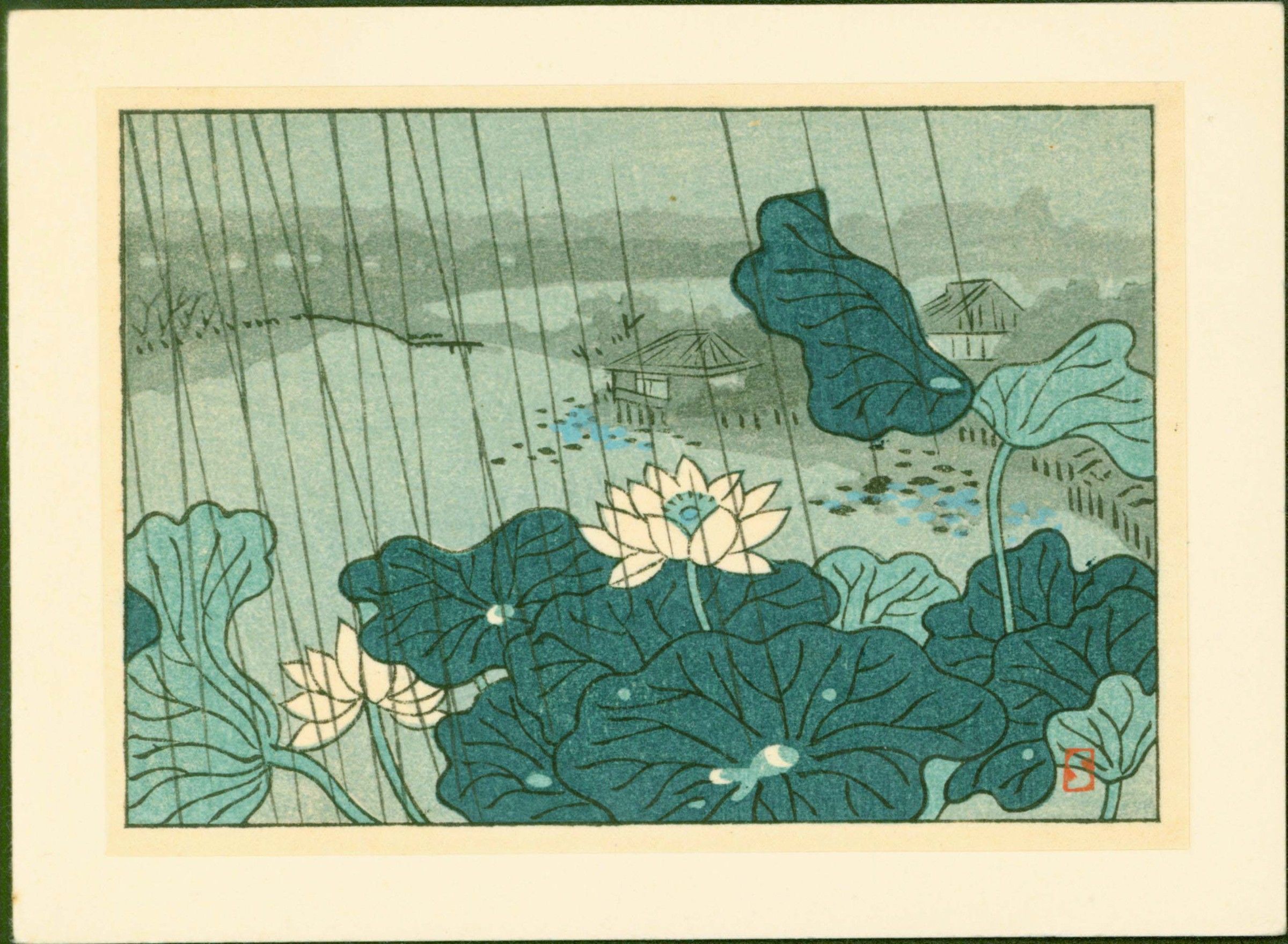 Miniature Japanese Woodblock Print - Rain at Shinobazu Pond