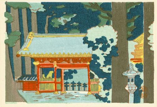 Miniature Japanese Woodblock Print - Shrine in Forest