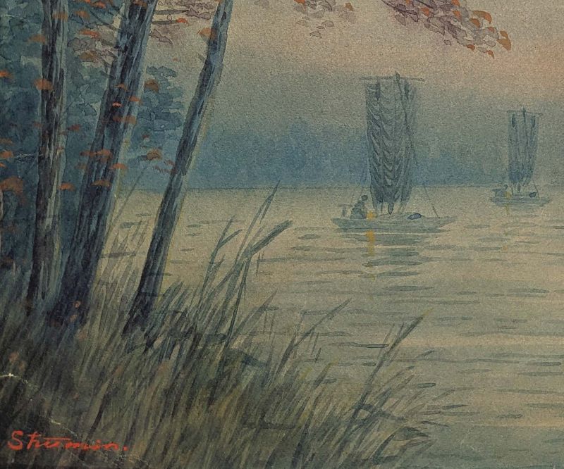 Shumin Ota Japanese Watercolor - Boats on River 1930s