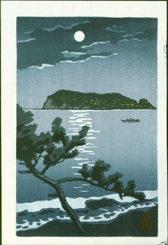 Kawase Hasui Japanese Woodblock Print - Enoshima at Night