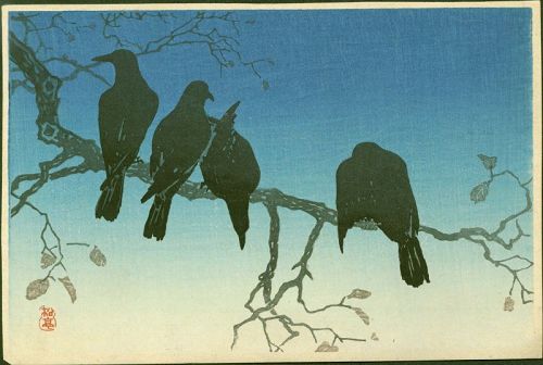 Takahashi Shotei Japanese Woodblock Print - Crows on a Cold Night