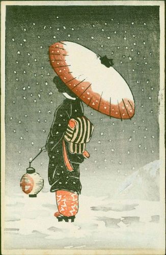 Japanese  Woodblock Print - Woman in Snow with Lantern RARE