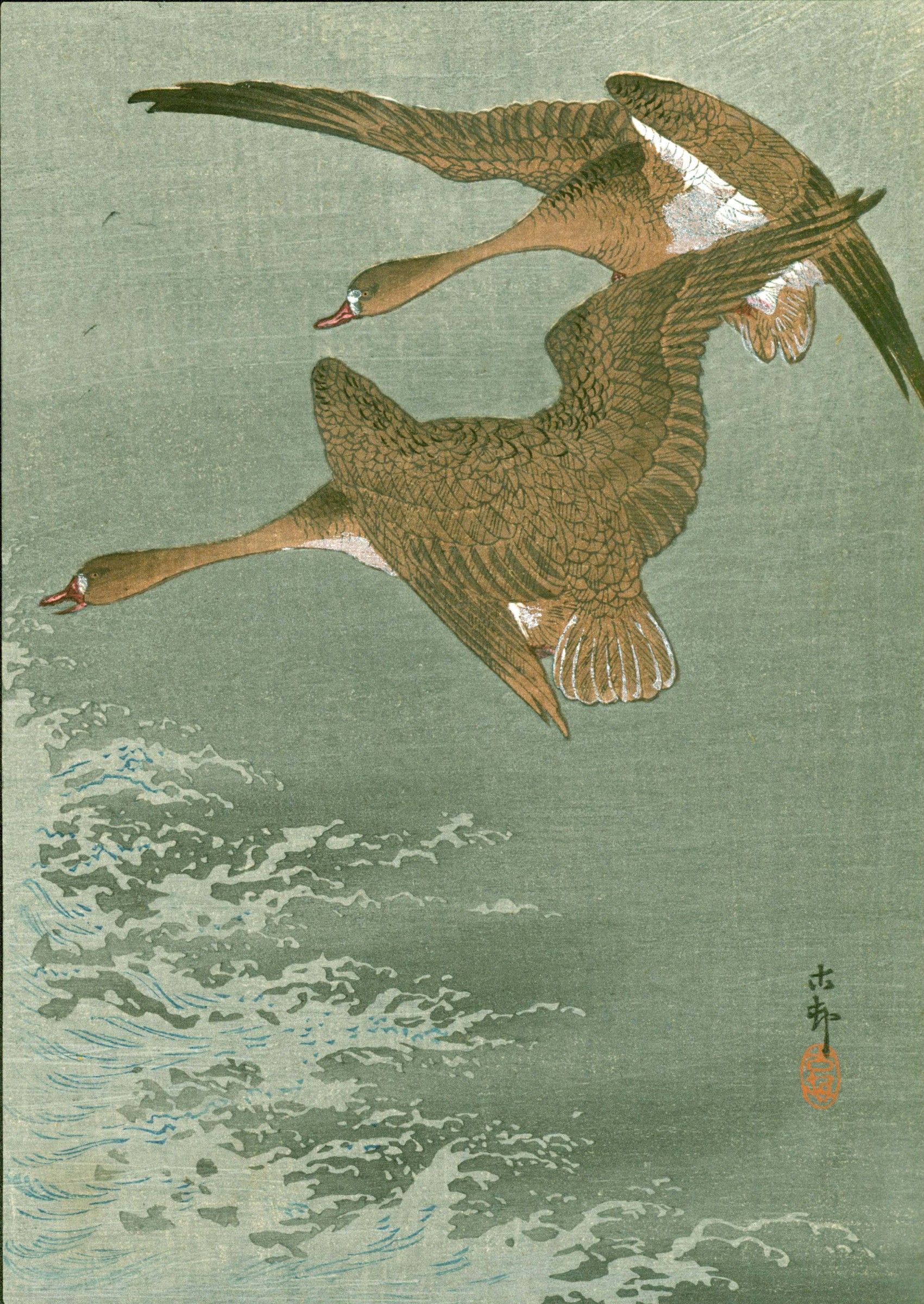 Ohara Koson Japanese Woodblock Print - Wild Geese Over The Sea 1910