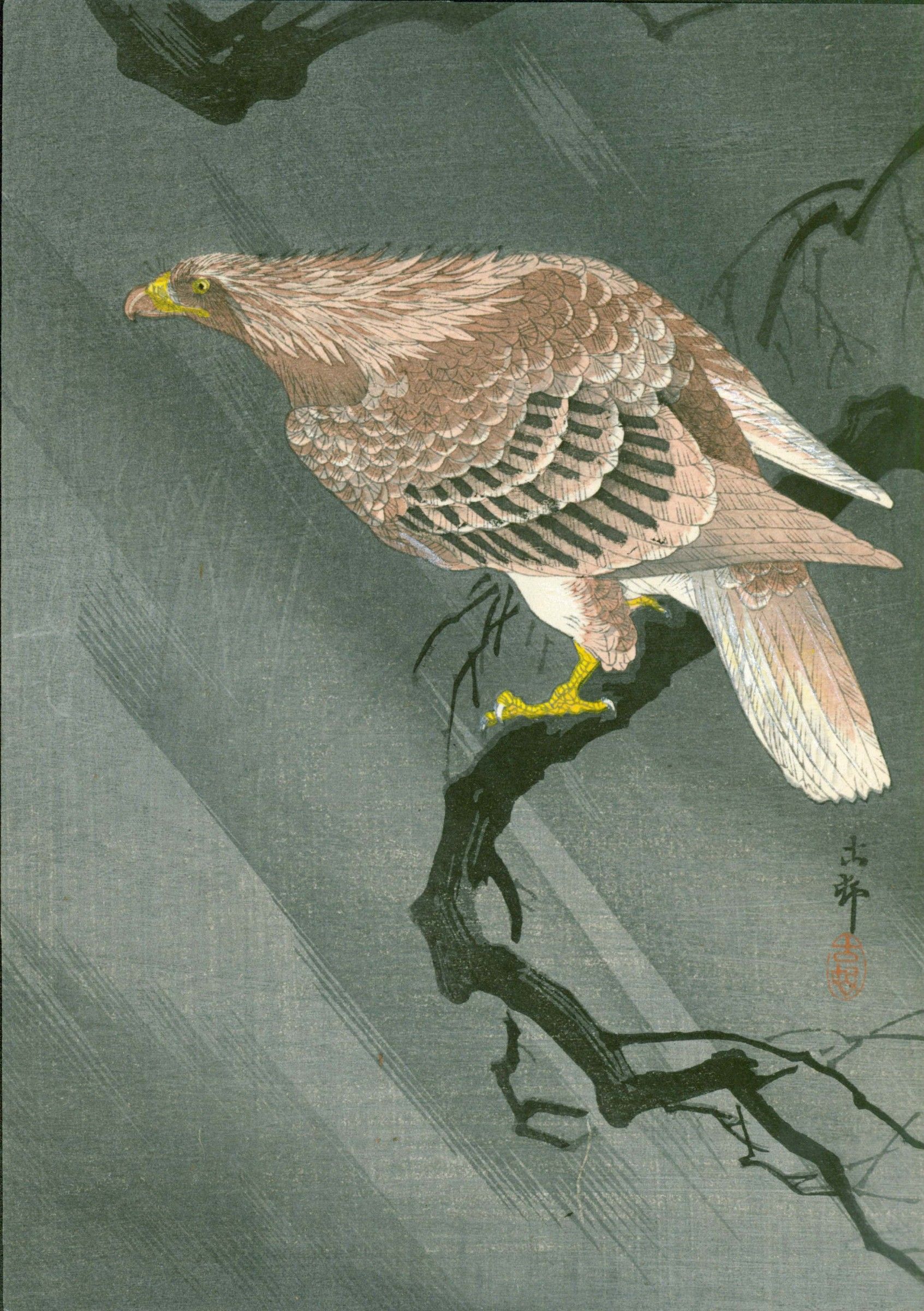 Ohara Koson Japanese Woodblock Print - Eagle On Branch in a Storm