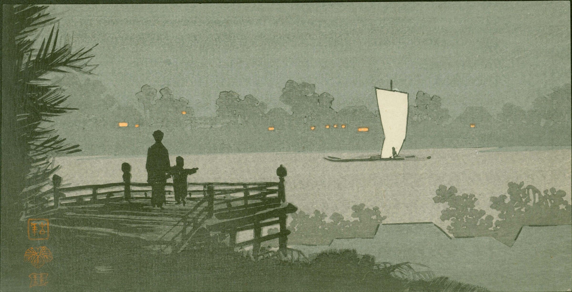 Uehara Konen Woodblock Print - Dock and Boat - Pre-Earthquake SOLD