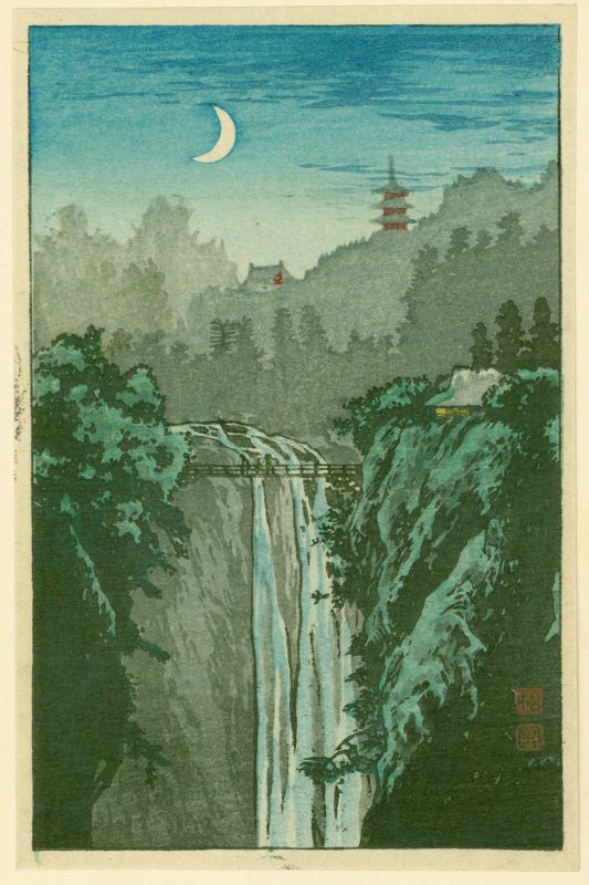 Shotei Japanese Woodblock Print Waterfall in Moonlight Pre-quake SOLD