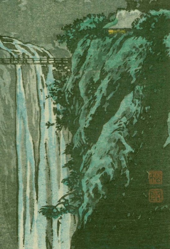 Shotei Japanese Woodblock Print Waterfall in Moonlight Pre-quake SOLD