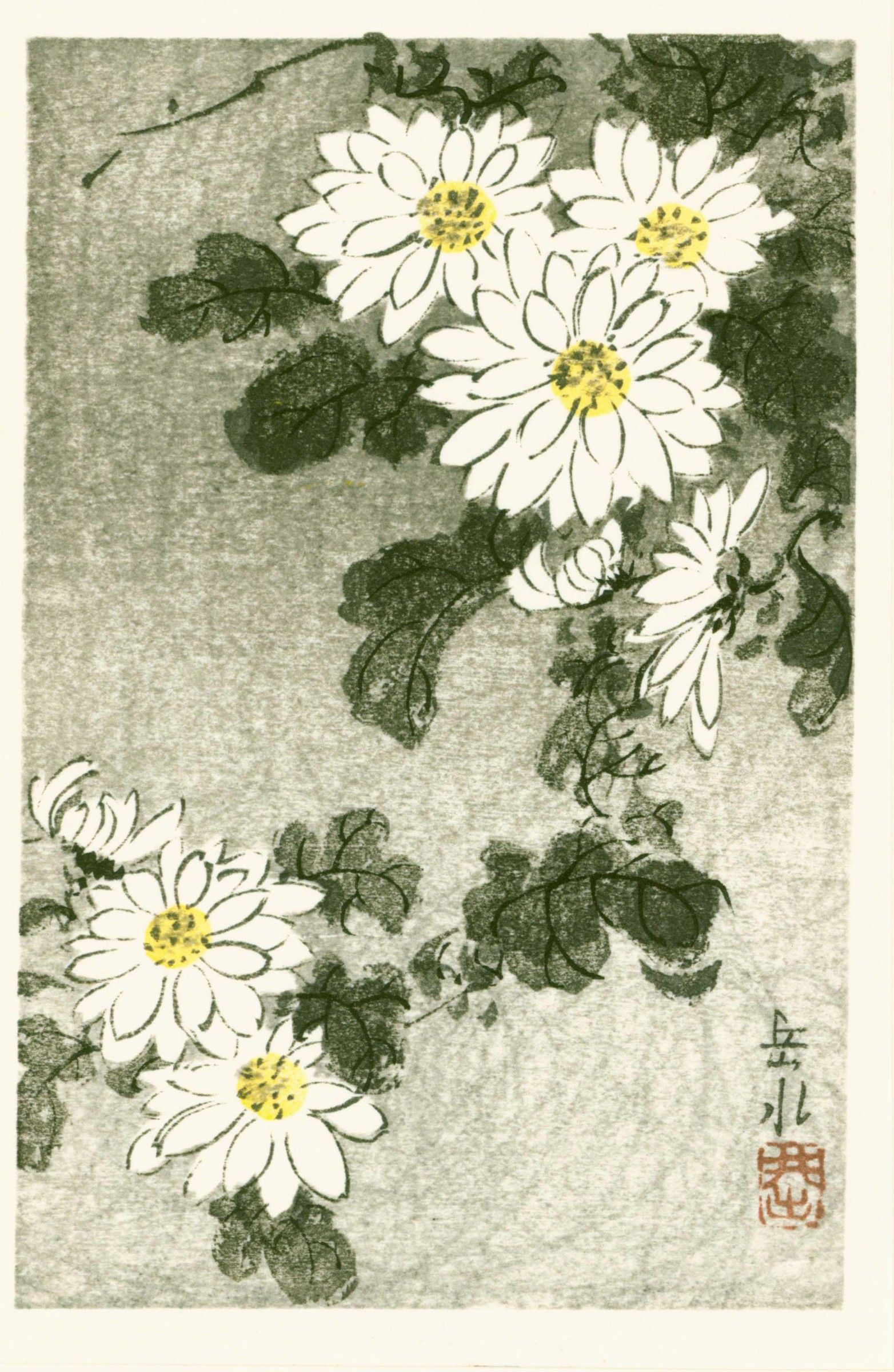 Ide Gakusui Japanese Woodblock Print - Chrysanthemums