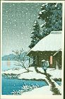 Japanese Woodblock Print - Hiker by Snowy Cottage