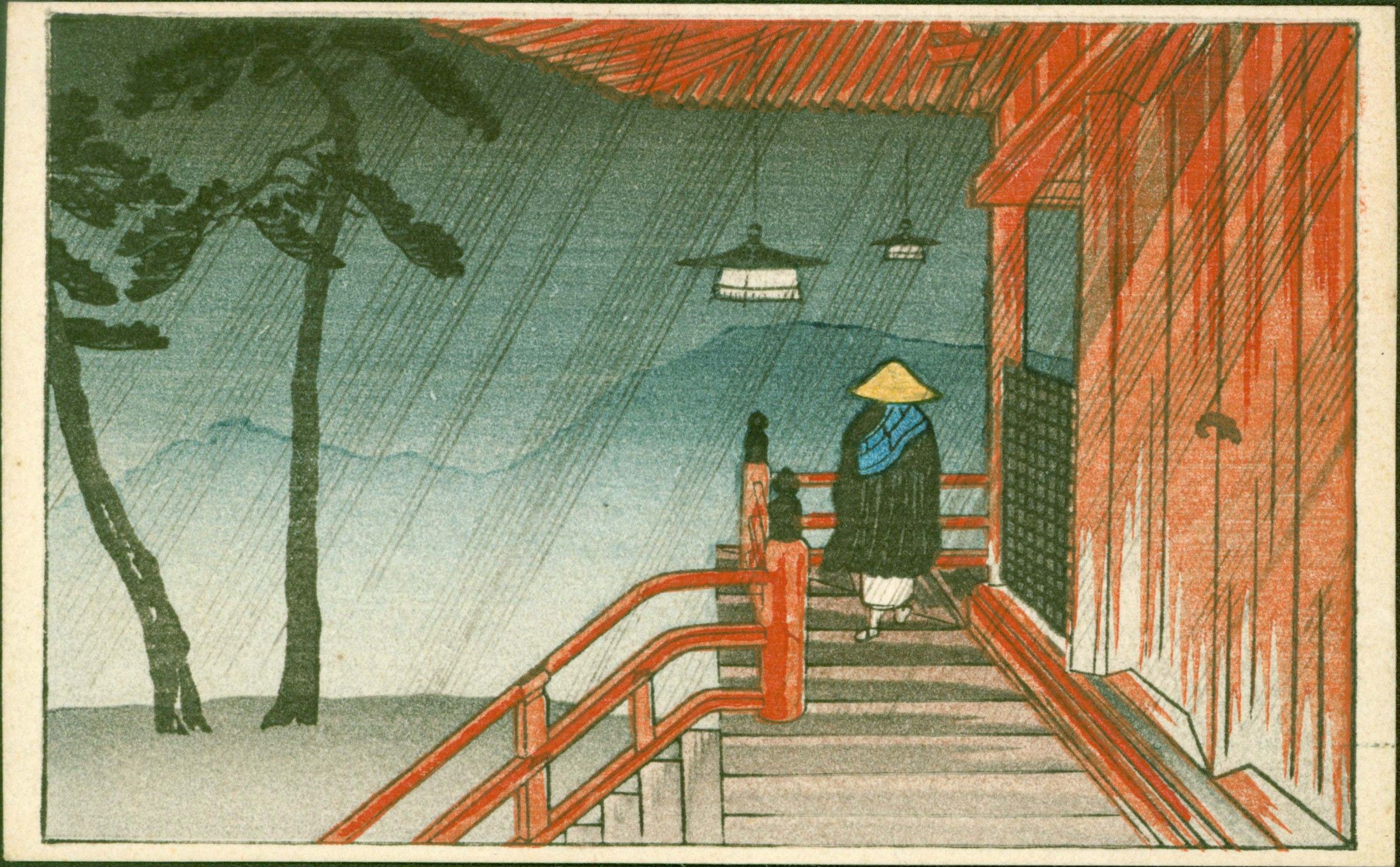 Takahashi Shotei Woodblock Print - Priest at Temple in Rain