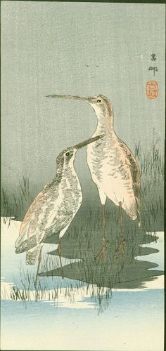 Ohara Koson Japanese Woodblock Print - Two Snipes Near Waterfront