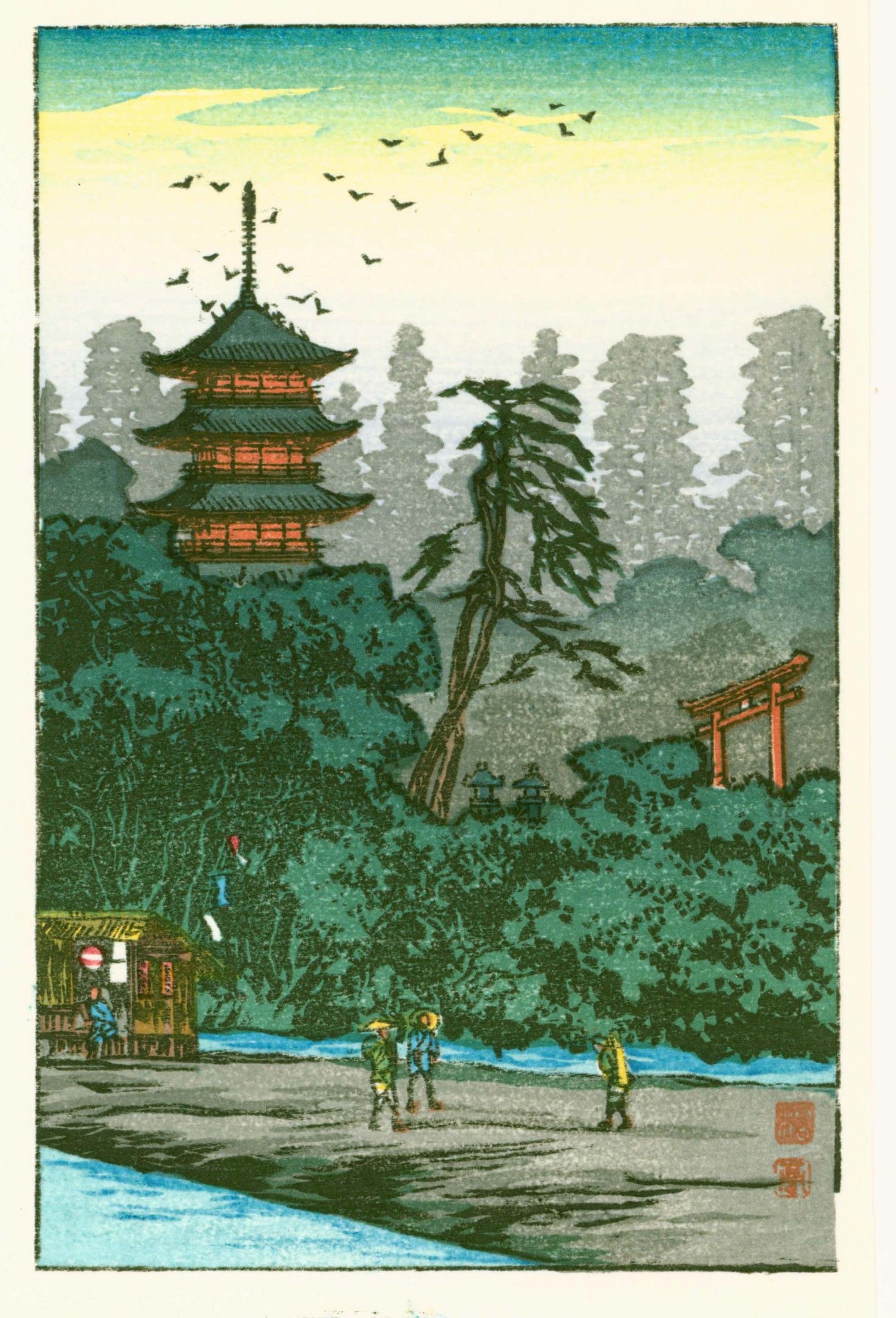 Takahashi Shotei Japanese Woodblock Print - Shrine by the River