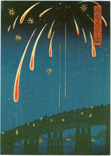 Hiroshige Ship's Menu Woodblock Print - Fireworks at Ryogoku, Sumida