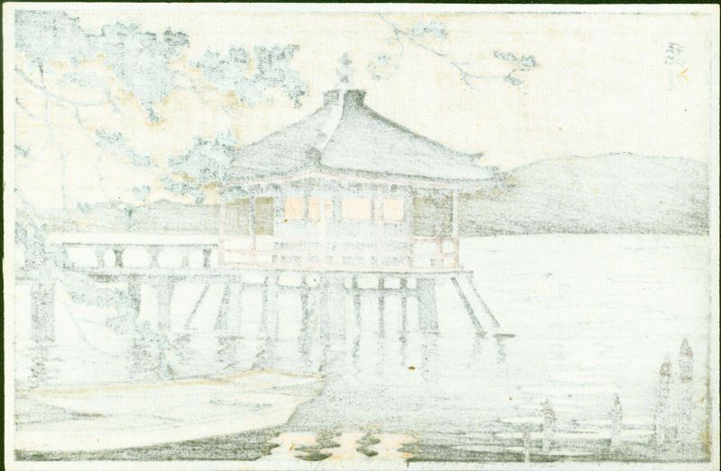 Lake Biwa Ukimido Katada Japanese Woodblock Print - Rare