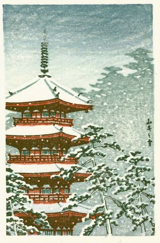 Japanese Woodblock Print - Mountain Temple and Snow