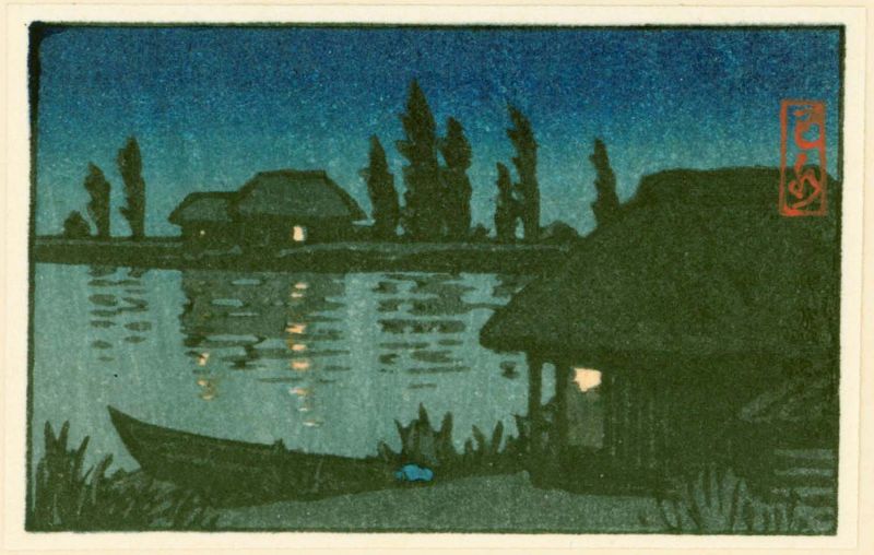 Kawase Hasui Miniature Japanese Woodblock Print - Houses by Water 1951