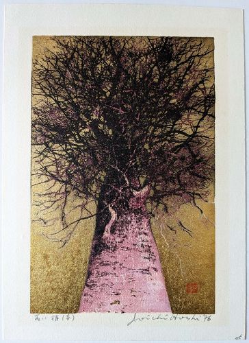 Joichi Hoshi Japanese Woodblock Print - High Treetop (Red)