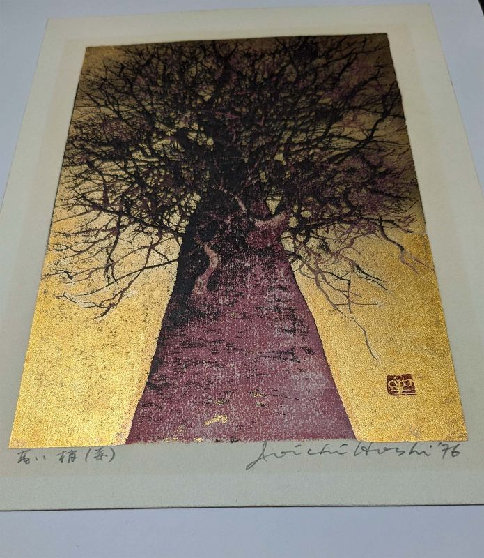 Joichi Hoshi Japanese Woodblock Print - High Treetop (Red)