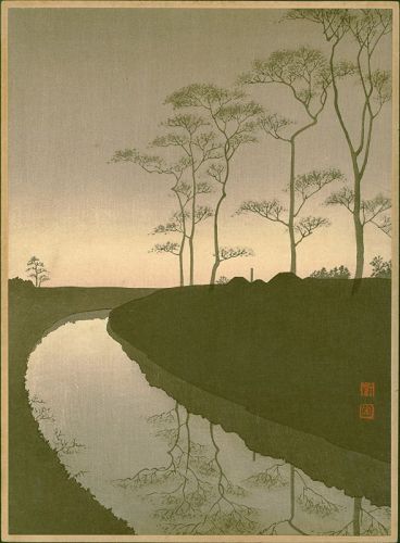 Shoda Koho Woodblock Print - Country Scene (Canal) Sepia- Rare Variant