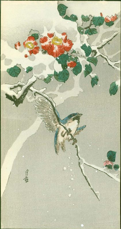 Yoshimoto Gesso Woodblock Print - Bird and Snowy Camellia SOLD