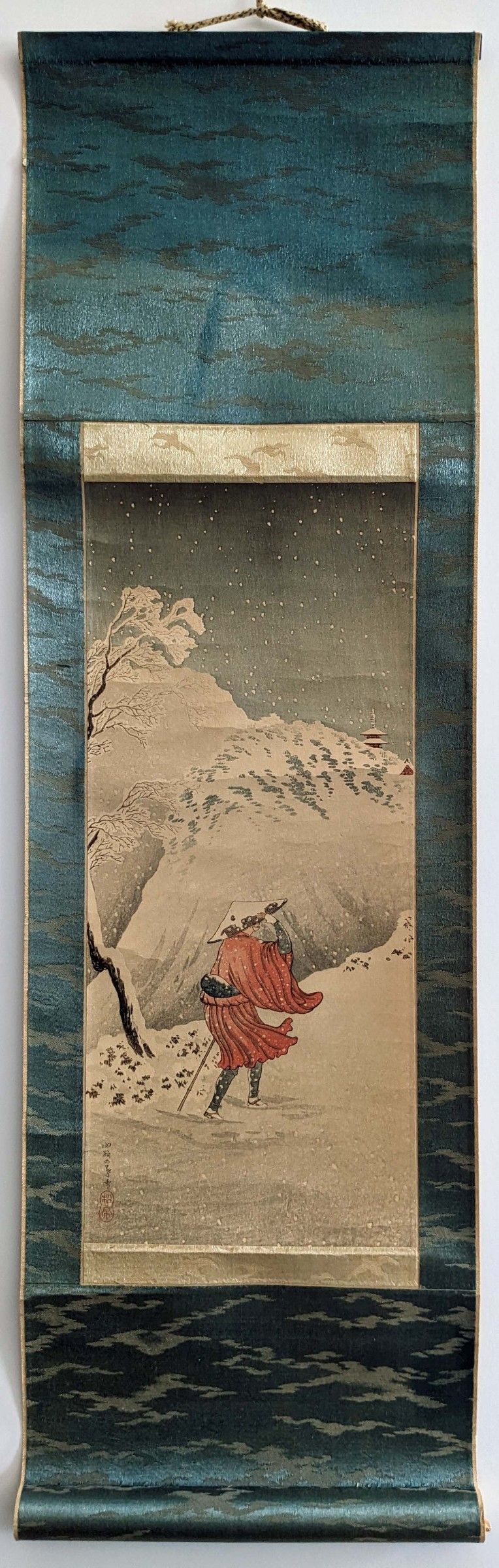 Takahashi Shotei Japanese Woodblock Print - Priest in Snow - Scroll