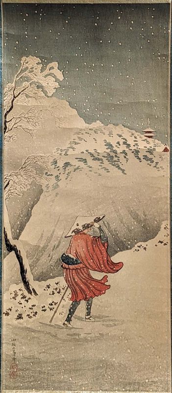 Takahashi Shotei Japanese Woodblock Print - Priest in Snow - Scroll